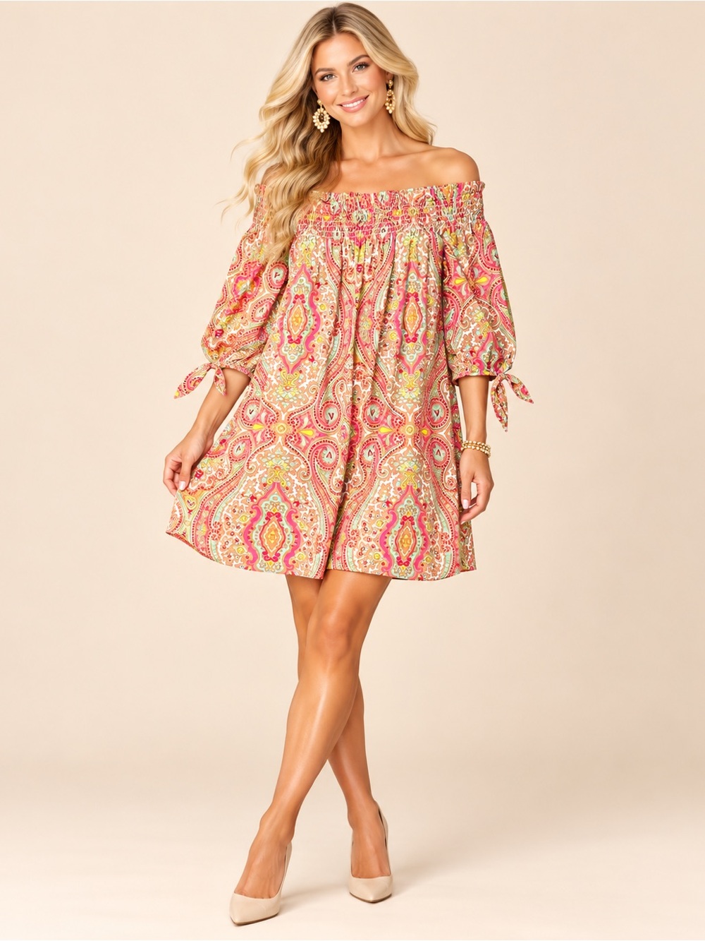 Laundry by Shelli Segal Paisley Smocked Off Shoulder Boho Dress
